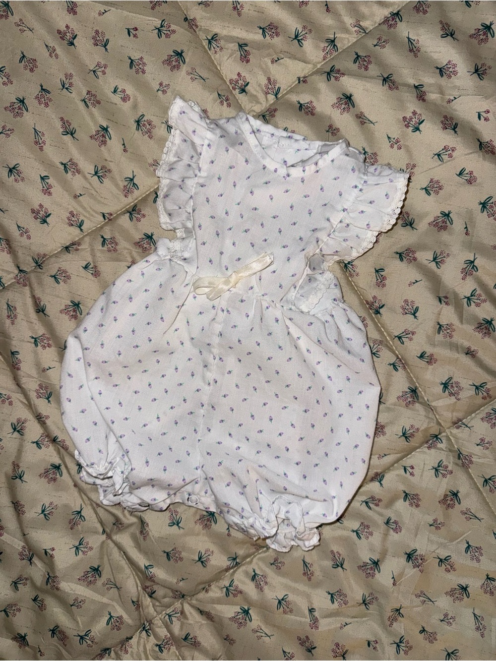 White Floral Baby Bubble Romper with Ruffle Sleeves Ditsy Floral - 0-3M